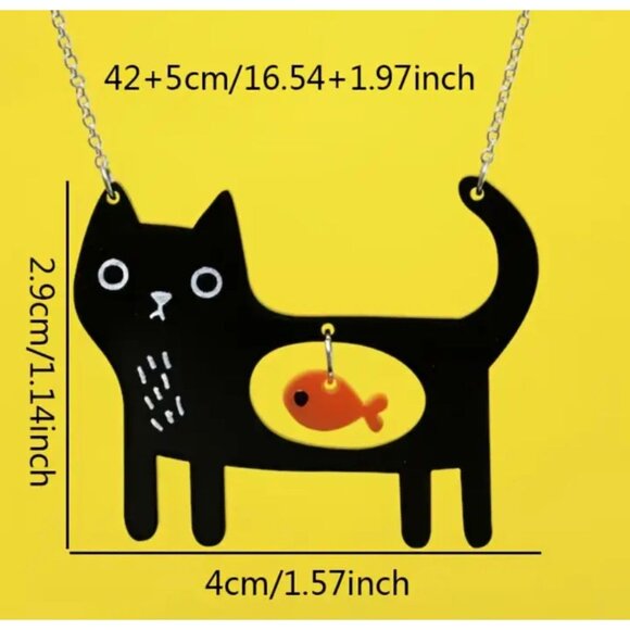 Whimsical Acrylic Kitty Cat Necklace with Fish in Belly Pendant Silver Tone - Picture 2 of 2